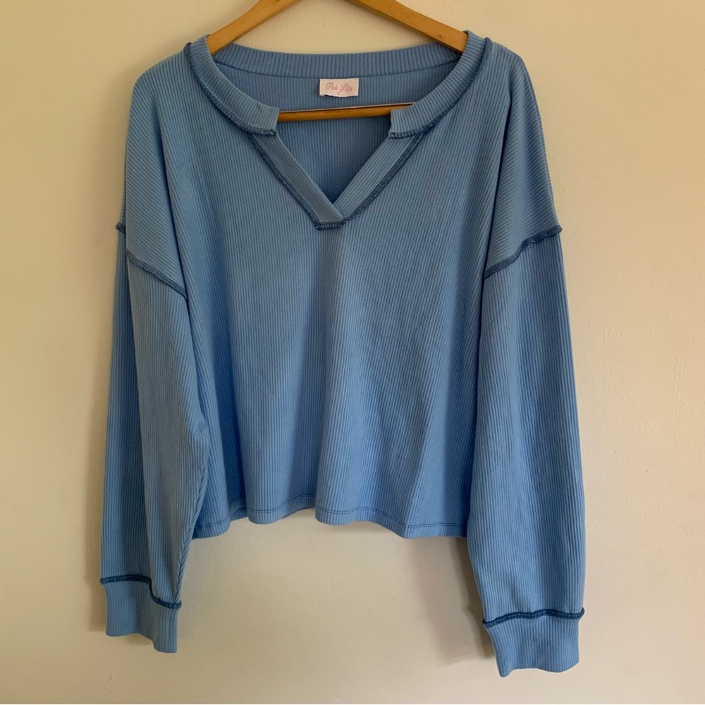 Pink Lily V-neck Ribbed Cropped Blue Sweatshirt Oversized Size L